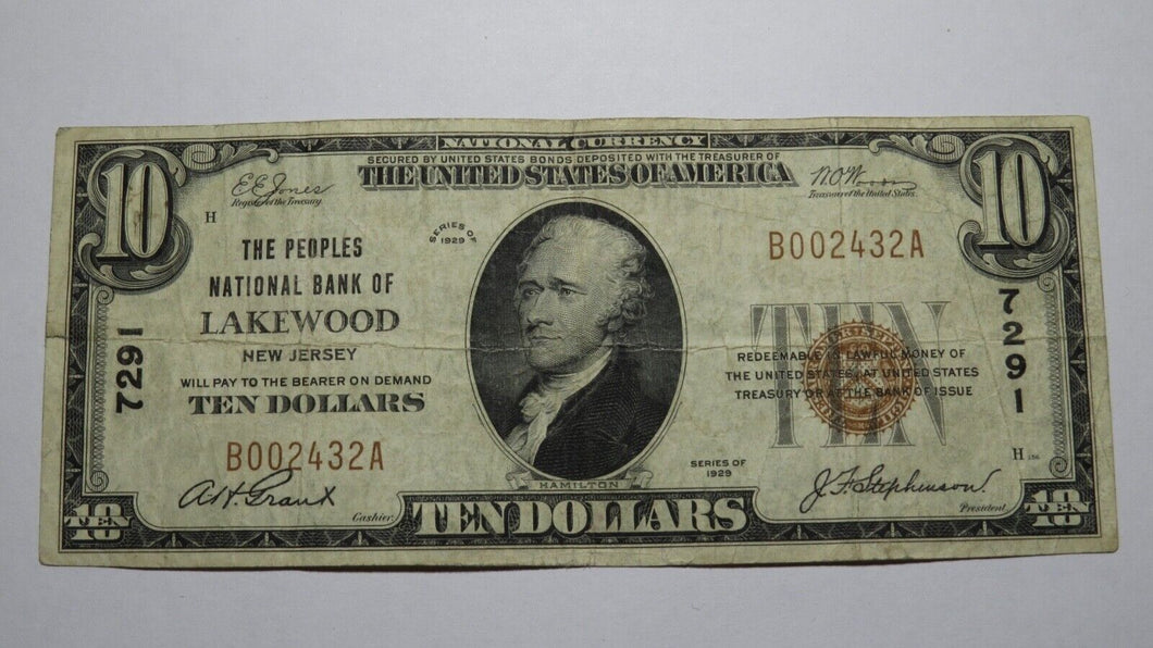 $10 1929 Lakewood New Jersey NJ National Currency Bank Note Bill Ch. #7291 VF!