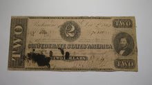 Load image into Gallery viewer, $2 1862 Richmond Virginia VA Confederate Currency Bank Note Bill RARE! T54 RARE