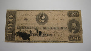 $2 1862 Richmond Virginia VA Confederate Currency Bank Note Bill RARE! T54 RARE