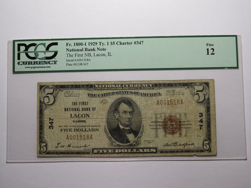$5 1929 Lacon Illinois IL National Currency Bank Note Bill Charter #347 F12 PCGS