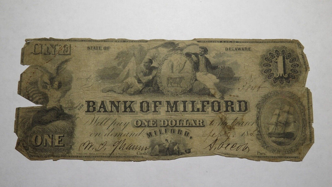 $1 1852 Milford Delaware DE Obsolete Currency Bank Note Bill!  Bank of Milford