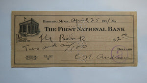$2 1931 Hibbing Minnesota MN Cancelled Check! First National Bank