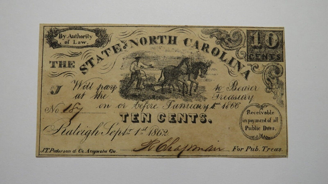 $.10 1862 Raleigh North Carolina Obsolete Currency Bank Note Bill Fractional! VF