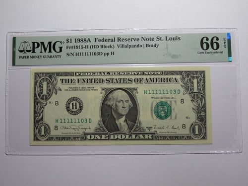 $1 1988 Near Solid Serial Number Federal Reserve Bank Note Bill UNC66 #11111103