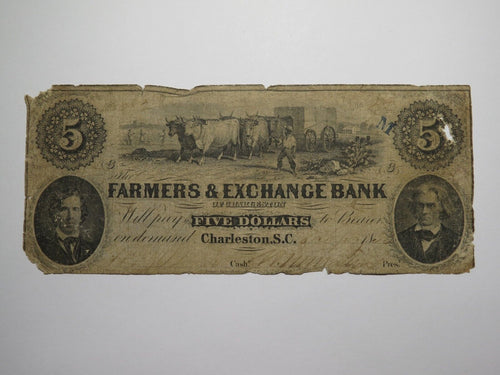$5 1853 Charleston South Carolina Obsolete Currency Bank Note Farmers Exchange