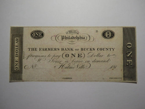 $1 181_ Hulme Ville Pennsylvania Obsolete Currency Bank Note Bucks County UNC++