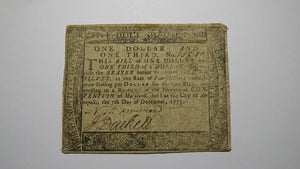 1775 $1 1/3 Annapolis Maryland MD Colonial Currency Bank Note Bill RARE Issue!