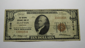 $10 1929 Clayton New York NY National Currency Bank Note Bill Ch. #5108 Fine+