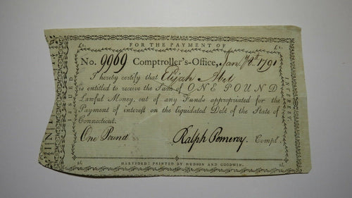1791 One Pound Connecticut Comptroller's Office Colonial Currency Note! Pomeroy