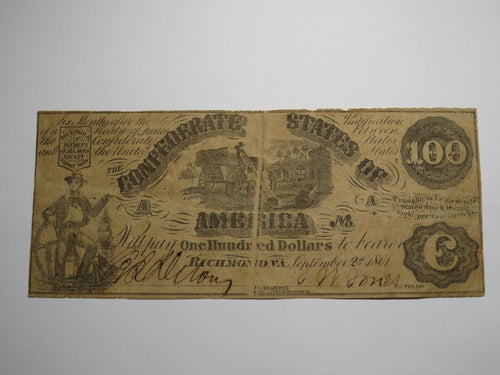$100 1861 Richmond Virginia Confederate Currency Bank Note Bill T13 Gutter ERROR