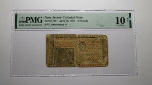 1764 Three Pounds New Jersey NJ Colonial Currency Bank Note Bill £3 PMG VG10