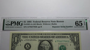 $1 1995 Repeater Serial Number Federal Reserve Currency Bank Note Bill PMG UNC65