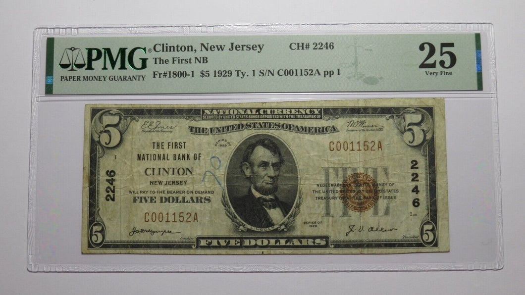 $5 1929 Clinton New Jersey NJ National Currency Bank Note Bill Ch. #2246 VF25