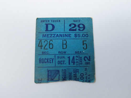 October 14, 1973 New York Rangers Vs. Los Angeles Kings NHL Hockey Ticket Stub