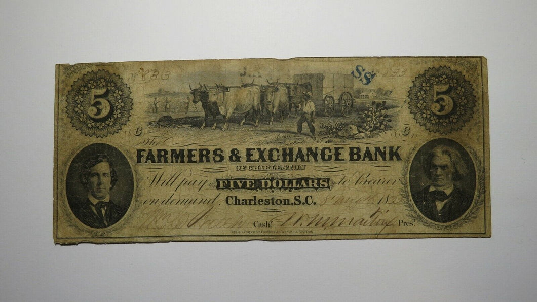 $5 1853 Charleston South Carolina SC Obsolete Currency Bank Note Bill! Farmers