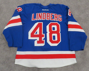2014-15 Oscar Lindberg New York Rangers NHL Debut Game Used Worn Hockey Jersey