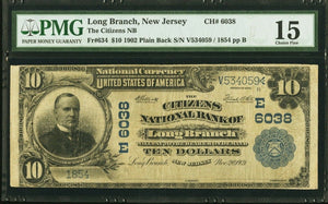 $10 1902 Long Branch New Jersey NJ National Currency Bank Note Bill Ch #6038 F15
