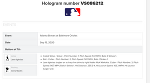 2020 Jose Iglesias Baltimore Orioles Game Used Single Baseball! 1B Hit! Braves