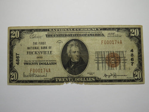 $20 1929 Hicksville Ohio OH National Currency Bank Note Bill Charter #4867 RARE