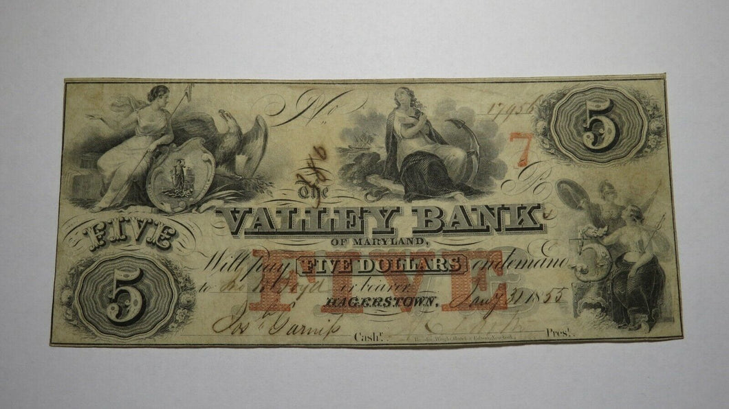 $5 1855 Hagerstown Maryland MD Obsolete Currency Bank Note Bill! Valley Bank