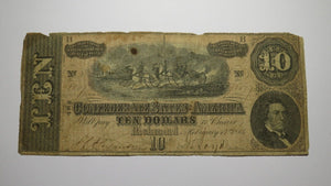 $10 1864 Richmond Virginia VA Confederate Currency Bank Note Bill RARE T68 VG