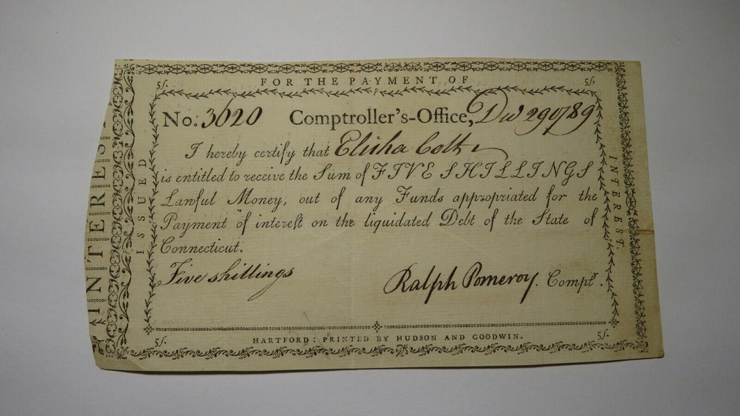 1789 5 Shillings Connecticut Comptroller Colonial Currency Note Ralph Pomeroy