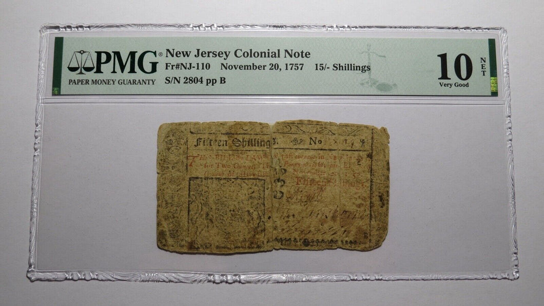 1757 Fifteen Shillings New Jersey NJ Colonial Currency Bank Note Bill 15s VG10