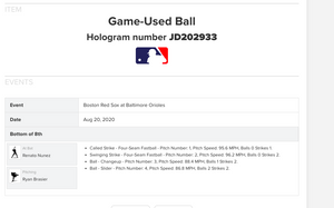 2020 Renato Nunez Baltimore Orioles Game Used Baseball! Ryan Brasier Red Sox