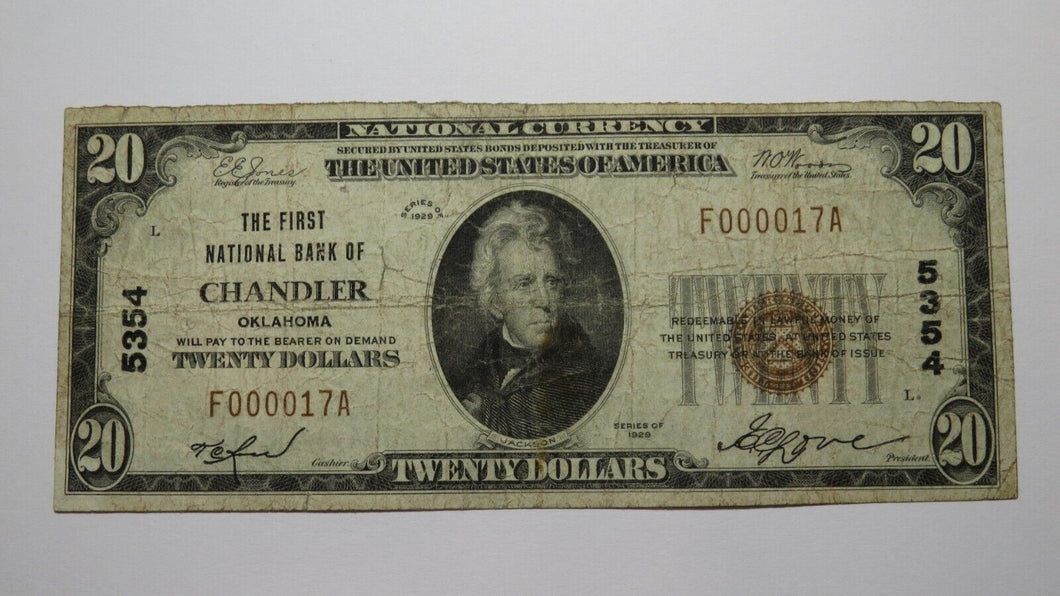 $20 1929 Chandler Oklahoma OK National Currency Bank Note Bill #5354 Low Serial!