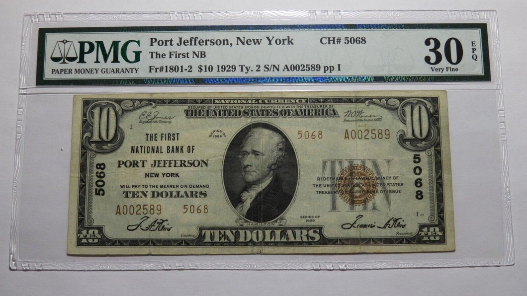 $10 1929 Port Jefferson New York NY National Currency Bank Note Bill #5068 VF30