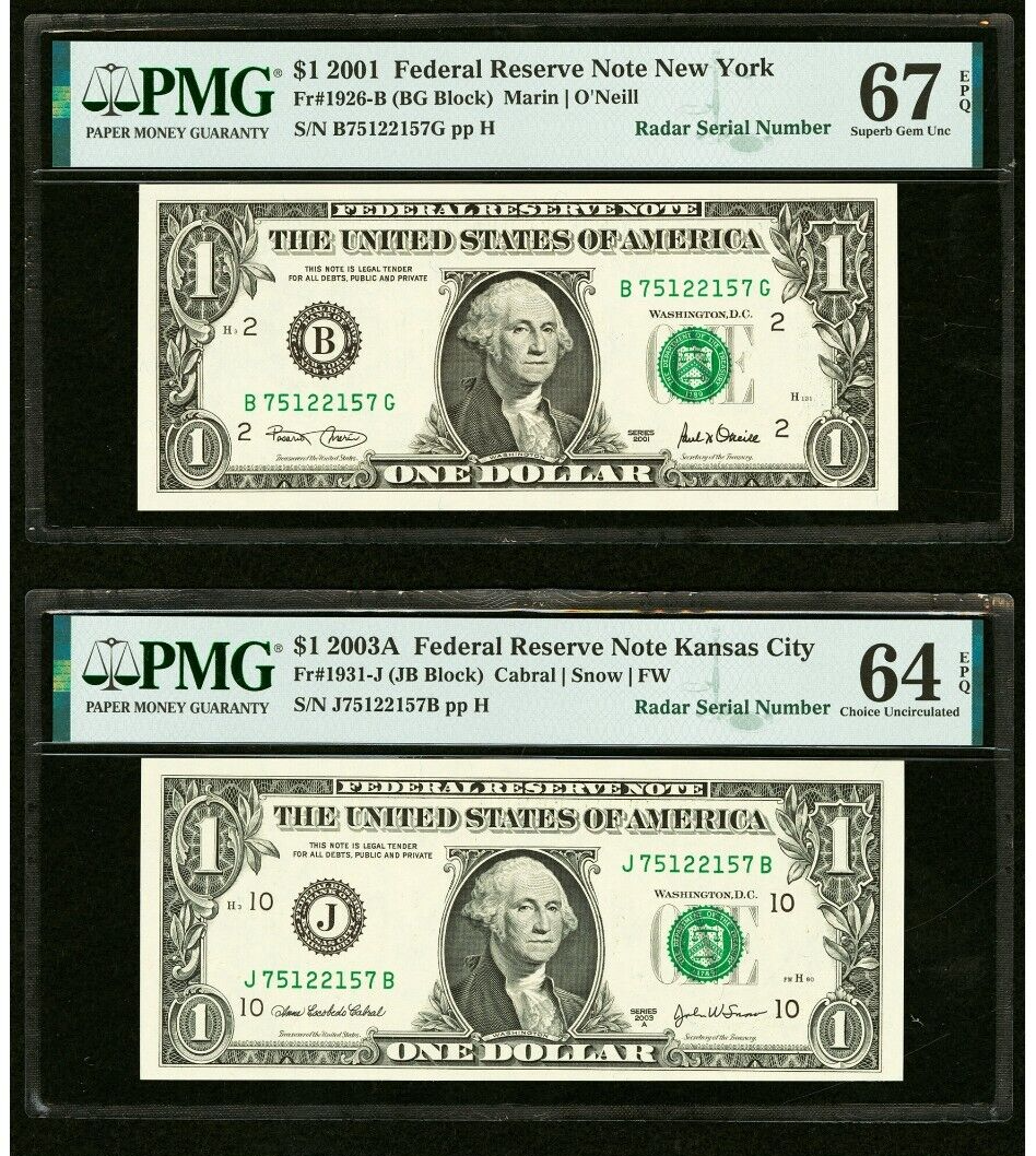 2 $1 2001 & 2003 Matching Radar Serial Numbers Federal Reserve Bank Note Bills