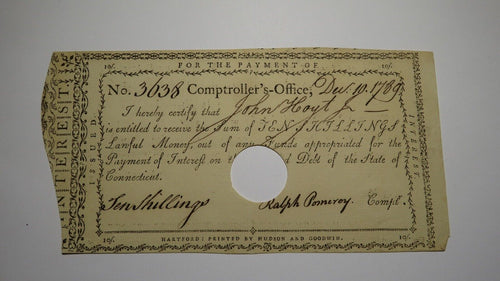 1789 10s Connecticut Pay Table Colonial Currency Note Bill! Ralph Pomeroy Signed