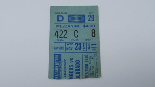 November 23, 1977 New York Rangers Hockey Ticket Stub Rod Gilbert Final NHL Game