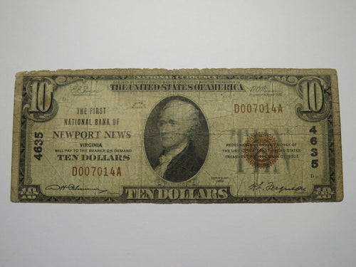 $10 1929 Newport News Virginia National Currency Bank Note Bill Ch. #4635 RARE