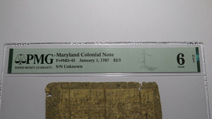 1767 $2/3 Maryland MD Colonial Currency Bank Note Bill G6 PMG Graded RARE!