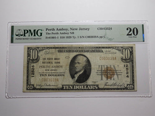 $10 1929 Perth Amboy New Jersey NJ National Currency Bank Note Bill #12524 VF20