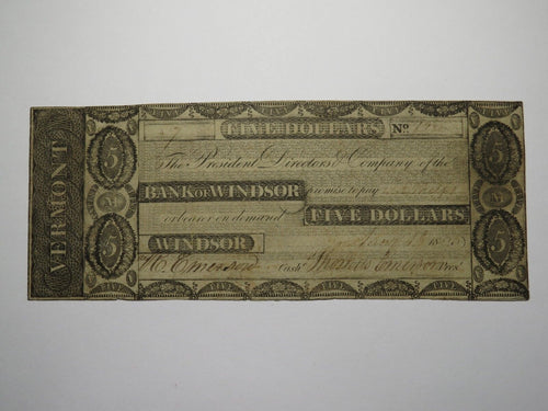$5 1835 Windsor Vermont VT Obsolete Currency Bank Note Bill! Bank of Windsor VF