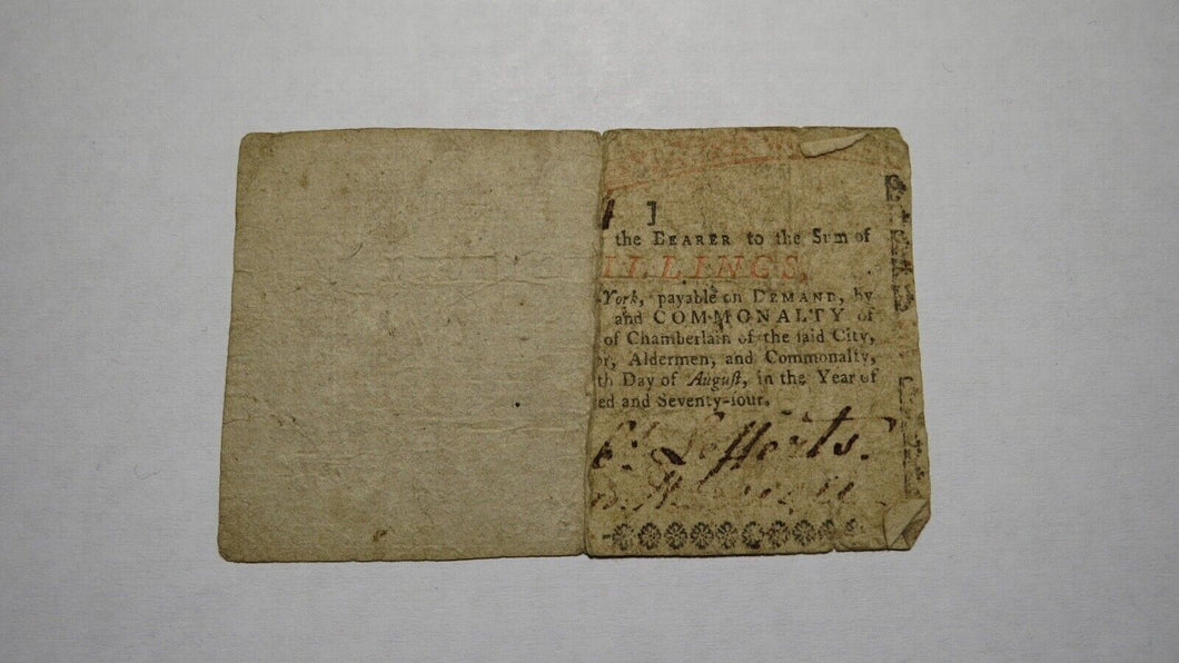 1774 Four Shillings New York Water Works Colonial Currency Bank Note Bill! RARE!