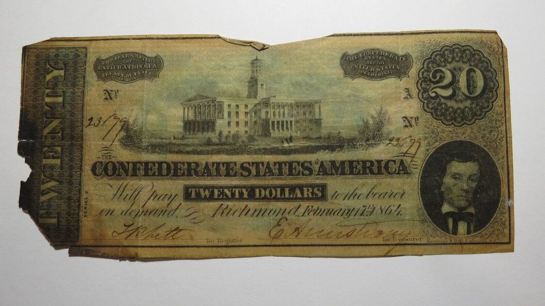 $20 1864 Richmond Virginia VA Confederate Currency Bank Note Bill RARE T67