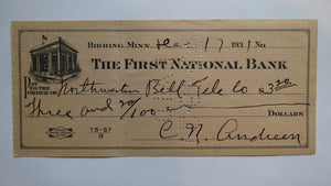 $3.20 1931 Hibbing Minnesota MN Cancelled Check! First National Bank