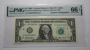 $1 1993 Repeater Serial Number Federal Reserve Currency Bank Note Bill UNC66EPQ