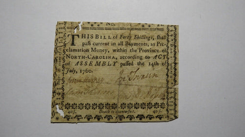 1760 Forty Shillings North Carolina NC Colonial Currency Note Bill RARE 40s