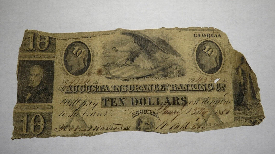 $10 1850 Augusta Georgia GA Obsolete Currency Bank Note Bill! Insurance Banking