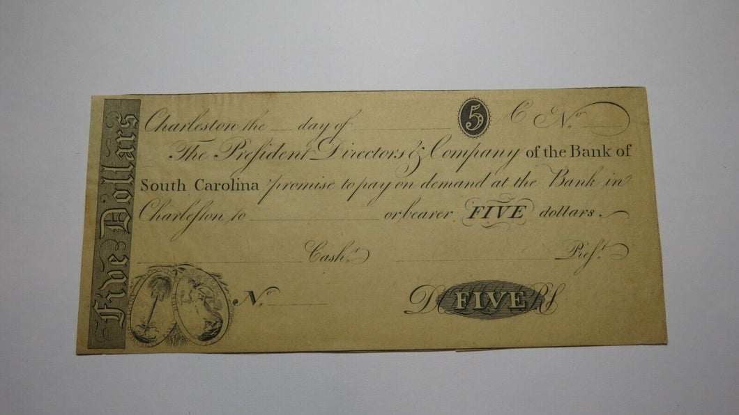 $5 18__ Charleston South Carolina Obsolete Currency Bank Note Original Reprint