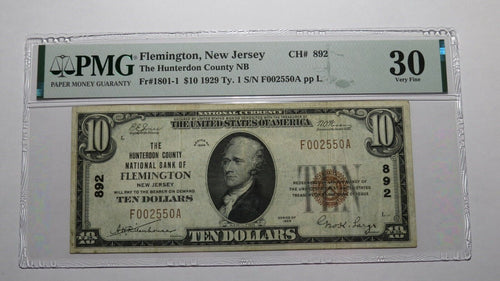 $10 1929 Flemington New Jersey NJ National Currency Bank Note Bill Ch #892 VF30!