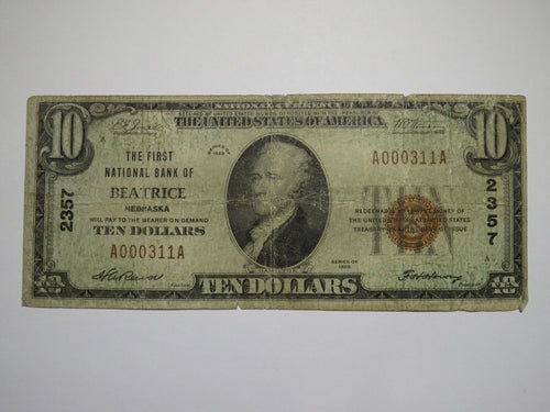 $10 1929 Beatrice Nebraska National Currency Bank Note Bill Charter #2357 RARE