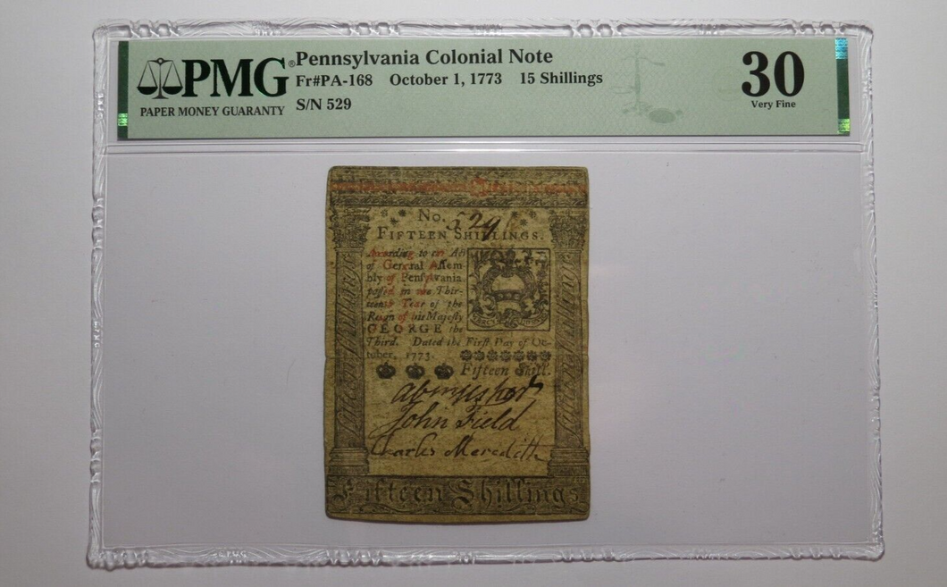 1773 Fifteen Shillings Pennsylvania PA Colonial Currency Bank Note Bill PMG VF30