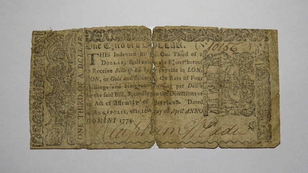 1774 $1/3 Maryland MD Colonial Currency Bank Note Bill! RARE ISSUE!
