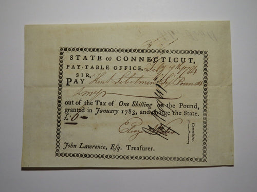1784 Connecticut Pay Table Office Colonial Currency Note Bill! Wales/Rogers