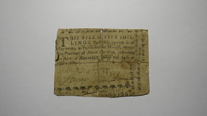 1760 Five Shillings North Carolina NC Colonial Currency Bank Note Bill 5s RARE